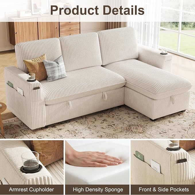 Sectional Sleeper Sofa with Pull Out Bed, Plush Corduroy Sectional Sofa with Storage Chaise and Adjustable Backrest, Cloud Sectional Couches for Living Room, Apartment, Beige