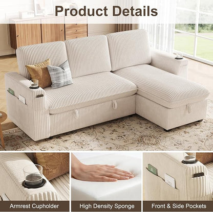 Sectional Sleeper Sofa with Pull Out Bed, Plush Corduroy Sectional Sofa with Storage Chaise and Adjustable Backrest, Cloud Sectional Couches for Living Room, Apartment, Beige
