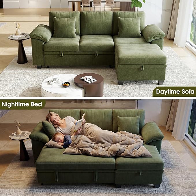 86" Modular Sectional Sleeper Sofa Bed, L Shaped 4 Seat Pull Out Couch with Storage Ottoman, Convertible Cloud Couch Bed, Sectional Couches for Living Room, Apartment (Green)