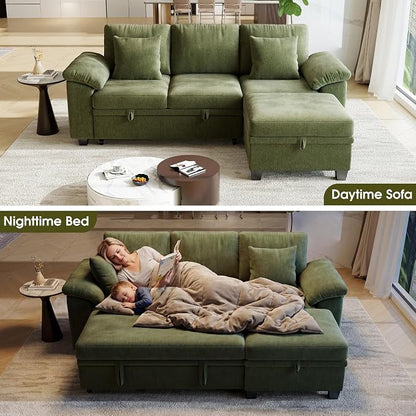 86" Modular Sectional Sleeper Sofa Bed, L Shaped 4 Seat Pull Out Couch with Storage Ottoman, Convertible Cloud Couch Bed, Sectional Couches for Living Room, Apartment (Green)