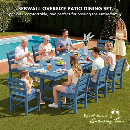 SERWALL 9 Piece 84" HDPE Outdoor Dining Set for 8 with Armless Chairs and Umbrelle Hole, Blue