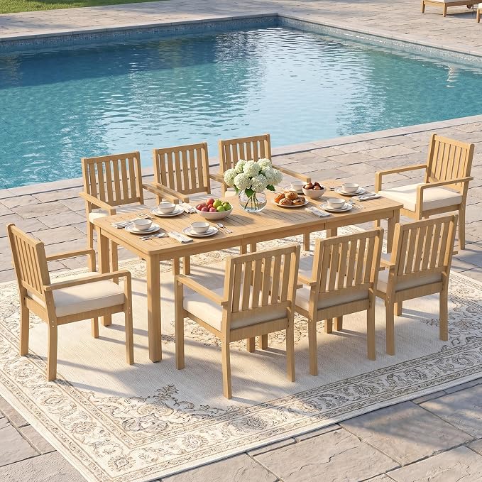 FansaFurn 9 Pieces Acacia Outdoor Patio Table and Chairs Set for All-Weather, Outside Furniture with Table Umbrella Hole and Removable Cushion for 8, Outdoor Patio Furniture Set for Garden, Beige