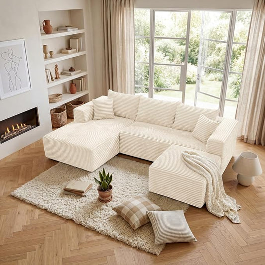BSHOMGI 92.5'' U-Shaped Boneless Couches, Comfy Corduroy 3 Seaters Sofas with Ottoman, Modern High Back Sectional Sofa for Living Room with Oversized Chaise Deep Seat Sofa, No Assembly Needed