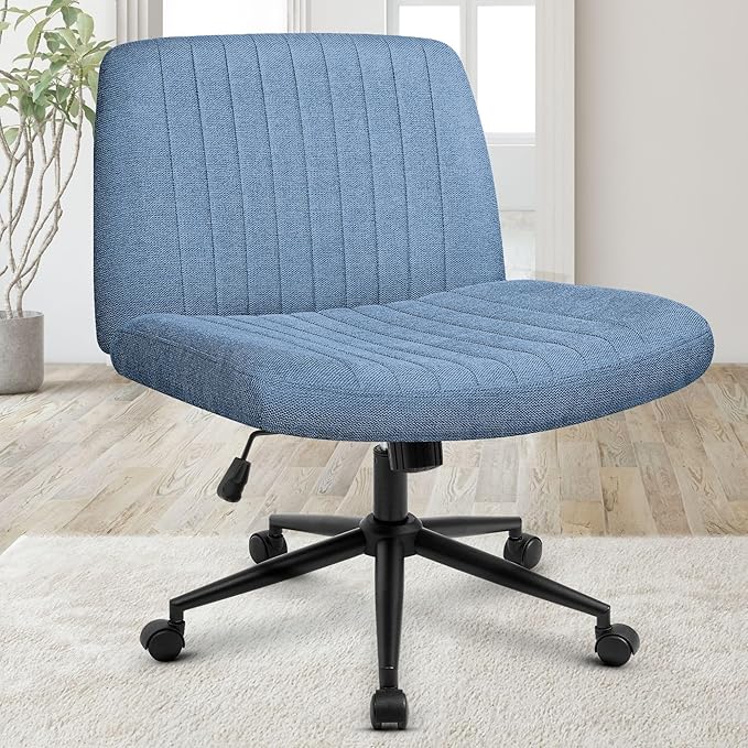 Orange Factory Criss Cross Chair Wheels Wide Cross Legged Office Desk Vanity Dual Base Comfy Fabric Armless Adjustable Swivel for Home Computer Task (Blue Dual Base, Fabric)