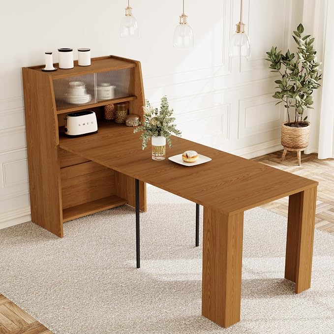 HIPIHOM 86.6" Extendable Dining Table for 4-6, MDF, Storage Cabinet | Retractable Console Table, Storage Cabinet for Kitchen or Dining Room, Ideal for Small Space, Apartment, Family Meal