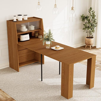 HIPIHOM 86.6" Extendable Dining Table for 4-6, MDF, Storage Cabinet | Retractable Console Table, Storage Cabinet for Kitchen or Dining Room, Ideal for Small Space, Apartment, Family Meal