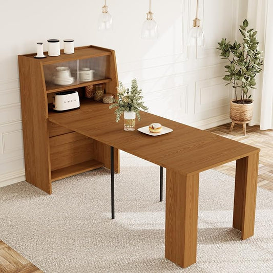 HIPIHOM 86.6" Extendable Dining Table for 4-6, MDF, Storage Cabinet | Retractable Console Table, Storage Cabinet for Kitchen or Dining Room, Ideal for Small Space, Apartment, Family Meal