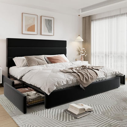 Allewie Modern King Size Platform Bed Frame with 4 Storage Drawers and Velvet Upholstered Headboard, Wooden Slats Support, Upholstered Mattress Foundation/No Box Spring Needed/Easy Assembly, Black
