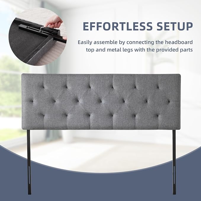 Linen Headboard Full Size, Adjustable Height Headboard 37-51 in, Light Gray | Diamond Tufting Solid Wood Full XL Headboards Only, Durable Metal Legs, Upholstered Full Head Board Bed Frame, Modern Fabric
