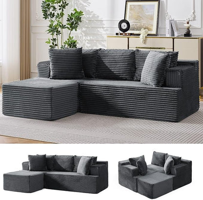 Korser Boneless Couches for Living Room, Cloud Couch Sectional with Ottoman, L-Shaped Sofa with Fluffy Comfy Corduroy Deep Seat, Bedroom, Apartment, No Assembly Required