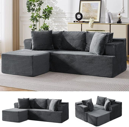 Korser Boneless Couches for Living Room, Cloud Couch Sectional with Ottoman, L-Shaped Sofa with Fluffy Comfy Corduroy Deep Seat, Bedroom, Apartment, No Assembly Required