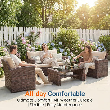 Wisteria Lane 4 Piece Patio Furniture Set, Wicker Outdoor Patio Conversation Furniture Set, All Weather Outdoor Patio Sofa with Cushion and Wood Table, Brown and Beige