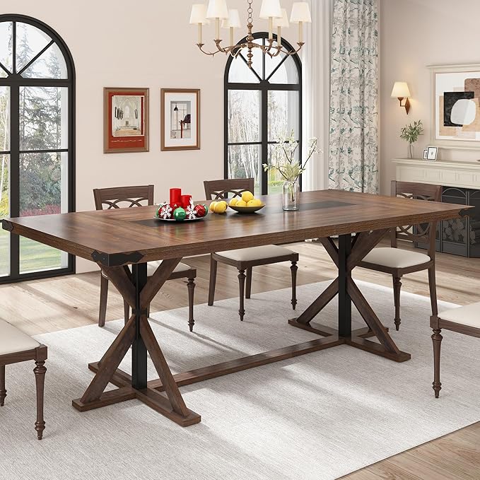 Hlivelood 78 Inch Dining Table for 8 People, Rectangular Kitchen Farmhouse Table W/Thickness Waterproof Wood Tabletop,Long Dining Room Tables W/Wood Strip Base for Kitchen Living Room(78IN Brown)