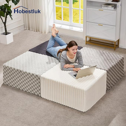Hobestluk Rectangle Ottoman Memory Foam Footrest for Couch with Removable Cover Large Floor Seating for Adults Ottoman Coffee Table for Living Room, Bedroom or Office (Strip Grey, Footrest)