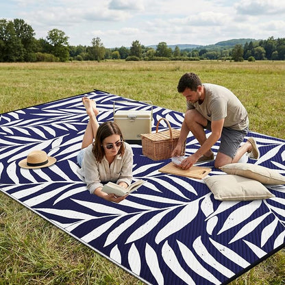 Smiry Outdoor Rug 6x9 ft, Waterproof Reversible Plastic Straw Rugs, Outdoor Area Rug with Leaf Pattern, Outside Floor Mat for Patio, Backyard, Deck, Picnic, Beach, Camping, Navy & White