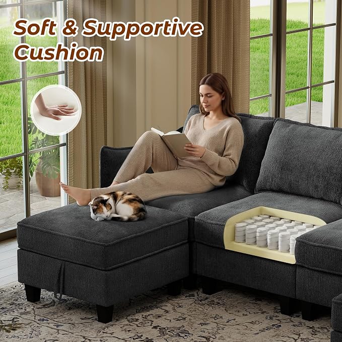 WorthFurni 112" Modular Sectional Sofa U Shape Couches with Storage Ottoman and Washable Cushion Cover for Living Room, Bedroom, Apartment(Black)
