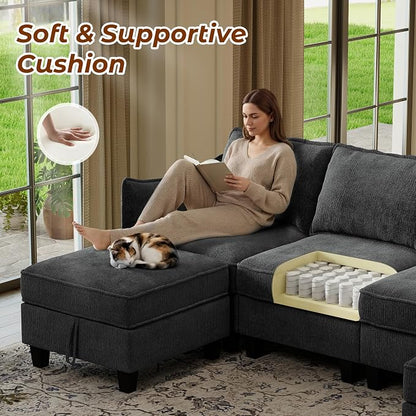 WorthFurni 112" Modular Sectional Sofa U Shape Couches with Storage Ottoman and Washable Cushion Cover for Living Room, Bedroom, Apartment(Black)