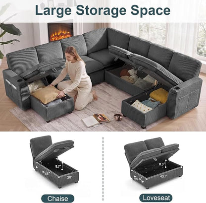 Oversized Sectional Sleeper Sofa with Pull Out Bed, Plush Corduroy 9 Seat Modular Sofa with Storage Chaise and Adjustable Backrest, Cloud Couches for Living Room, Apartment, Light Grey