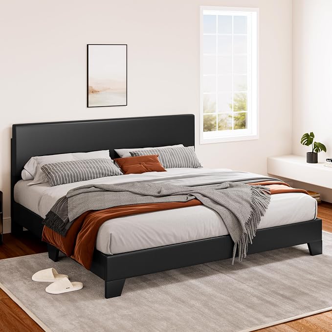 SHA CERLIN PU Leather Upholstered King Size Bed Frame with Headboard,Black | Adjustable Low-Profile Platform Bed, Minimalist Design, Stable Mattress Foundation, Strong Back-Support, No Box Spring Needed
