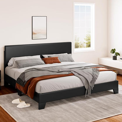 SHA CERLIN PU Leather Upholstered King Size Bed Frame with Headboard,Black | Adjustable Low-Profile Platform Bed, Minimalist Design, Stable Mattress Foundation, Strong Back-Support, No Box Spring Needed