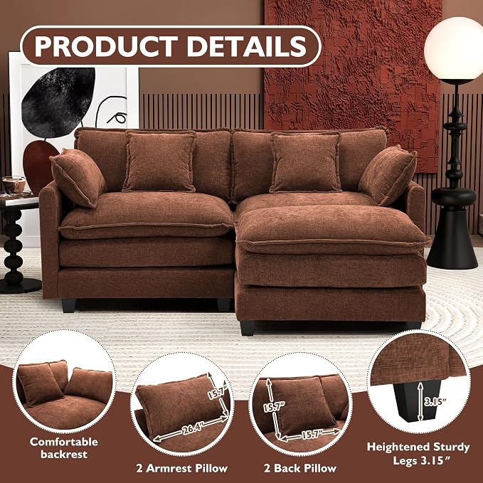 Ihanherry 77" L Shaped Modern Sofa Modular Sectional Luxurious and Comfortable with Ottoman, 3-Seat Chenille Deep Seat Sofa with Pillow for Living Room, Bedroom and Apartment,Brick Red