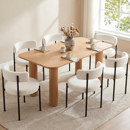 Boucle Dining Chairs Set of 6, White Dining Chairs with Upholstered Seat and Round Back, Mid-Century Modern Kitchen Chairs for Dining Room, Restaurant
