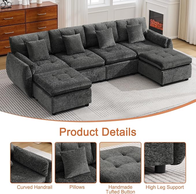 112" U Shaped Modular Sectional Cloud Sofa with 2 Ottomans, Oversized Deep Seat Tufted Chenille 6-Seater Couch with Curved Arms, Upholstered Sofas for Living Room, Dark Grey