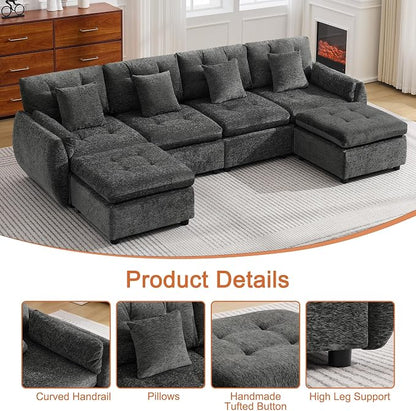 112" U Shaped Modular Sectional Cloud Sofa with 2 Ottomans, Oversized Deep Seat Tufted Chenille 6-Seater Couch with Curved Arms, Upholstered Sofas for Living Room, Dark Grey