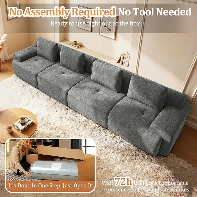 159" Oversized Boneless Couch, Comfort Cloud Sectional Couches for Living Room, Modular Sofa High Back & Extra Deep Seat, No Assembly, Soft Chenille Fabric (Dark Grey, 159 inch-（4+0）)