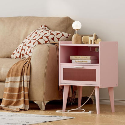 MMEOLUOOK Nightstand with Charging Station, Bedside Tables Pink End Table Side Table with 2 Tiers Storage Space, for Bedroom Living Room MLBZ07PE