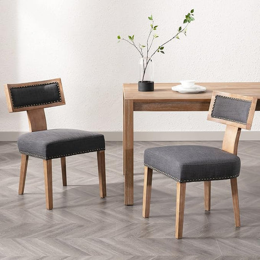 RIVOVA Mid Century Modern Dining Chairs Set of 2 Linen Fabric Upholstered Kitchen Side Chairs with Nailhead Trim, Modern Kitchen Armless Solid Wood Dining Chairs, Charcoal