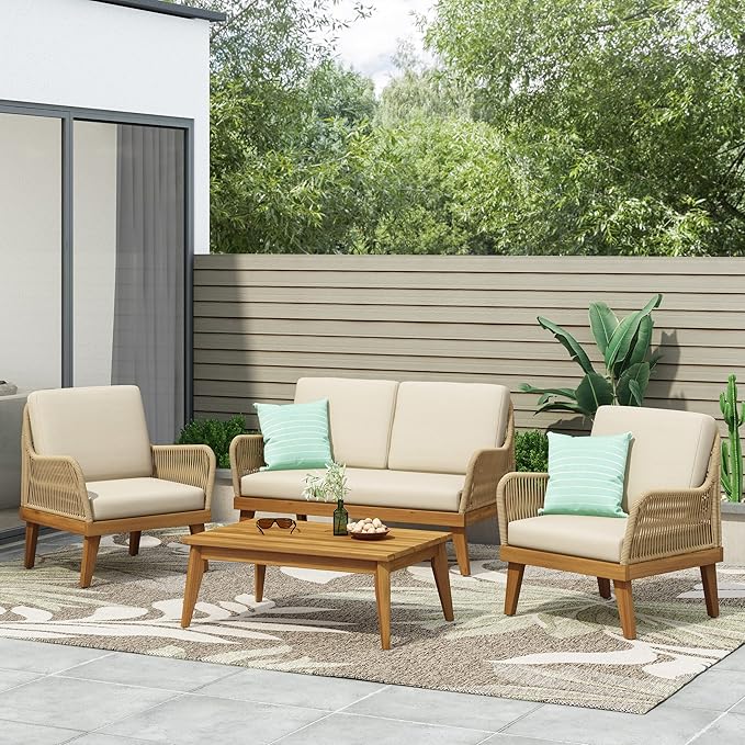 VilroCaz 4-Pieces Acacia Wood Patio Furniture Set, All-Weather Outdoor Patio Conversation Set with Coffee Table and Soft Cushions, Rope Weave Porch Chairs for Garden Backyard Porch Balcony