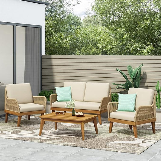 VilroCaz 4-Pieces Acacia Wood Patio Furniture Set, All-Weather Outdoor Patio Conversation Set with Coffee Table and Soft Cushions, Rope Weave Porch Chairs for Garden Backyard Porch Balcony