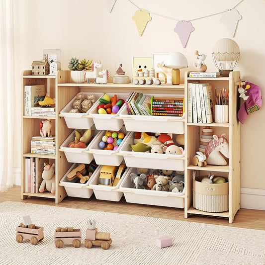 GITAWUSA Toy Storage Organizer, Kids Bookshelf with 6 Shelves, 9 Toy Bins & 6 Hooks | Toy Shelf, Storage Bin Unit, Toy Organization for Playroom, Nursery, Bedroom, Toddler Room, White, 57''W