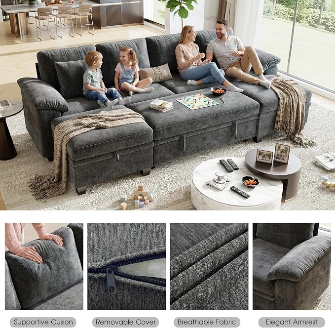 Sectional Sleeper Sofa Bed, 107.8" U Shaped 6 Seat Pull Out Couch with Storage Ottoman, Convertible Cloud Couch Bed, Modular Sectional Couches for Living Room, Apartment (Gray)