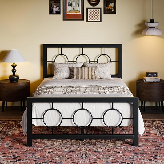 SHA CERLIN Twin Metal Bed Frame with Vintage Circular Design Headboard and Footboard,No Box Spring Required,Easy Assembly,Noise-Free,Black