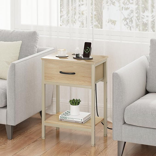 Vagusicc Nightstand Set of 2 with Charging Station, Bed Side Table with Fabric Drawer, Small End Table with 2-Tier Storage Shelves, 25.4" Tall Bedside Table, Night Stand for Bedroom Dorm, Natural