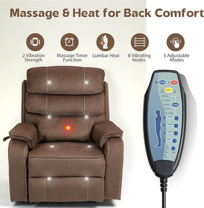 JIKFRIMA Power Lift Recliners Chairs for Elderly Adults Lay Flat Recliner with Heat & Massage, Wireless Charging Device, USB Ports, Cup Holder, Lumbar Pillow, 400Lbs (Grainy Fibric,Caramel Brown)