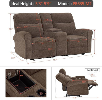 MCombo 78.3" Wall Hugger Power Loveseat Recliner Sofa with Console, Reclining Loveseat with USB Ports, Cup Holders, for Small Spaces Living Room RV, Fabric PR635M2 (Dark Brown)
