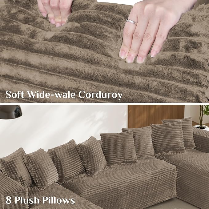 131" Oversized U Shaped Cloud Sectional Couches for Living Room, Comfy Fluffy Corduroy Brown Boneless Sectionals Couch, Plush Memory Foam Modular Sectional Sofa with Chaise- 19" Seat Height