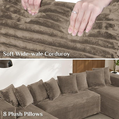 131" Oversized U Shaped Cloud Sectional Couches for Living Room, Comfy Fluffy Corduroy Brown Boneless Sectionals Couch, Plush Memory Foam Modular Sectional Sofa with Chaise- 19" Seat Height
