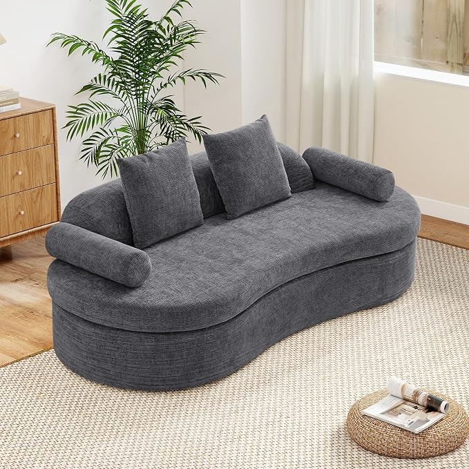 AVZEAR 78" Curved Loveseat Sofa, Modern 2 Seater Cloud Couch for Living Room, Chenille Upholstered Love Seat with High-Density Foam, No Assembly Required, 2 Bolster Pillows & 2 Square Pillows (Gray)
