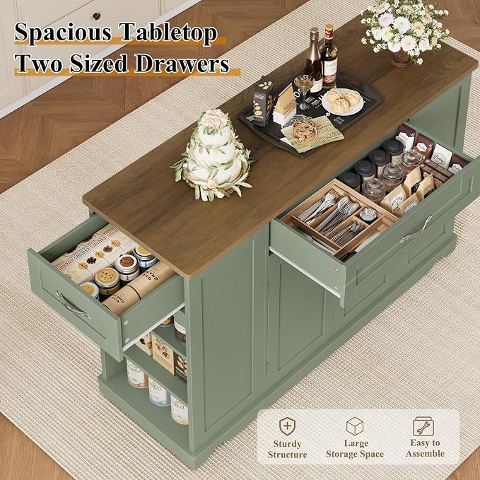 HOSTACK Kitchen Island Cart with Storage, 47'' Kitchen Storage Island on Wheels with 2 Drawers, Rolling Island Table with Adjustable Shelves, Mobile Buffet Sideboard Cabinet for Dining Room, Green