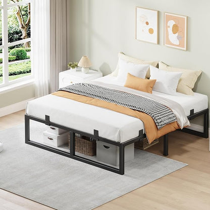 King Size Bed Frame, 16 Inch Metal Platform Bed Frames with Squeak Free U-Slot Design, 6 Non-Slip Guards, 3500lbs Heavy Duty Steel Slat Support, No Box Spring Needed, Under Bed Storage, Black