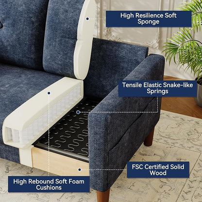 Vipbear 48" Loveseat Sofa,Modern Small Couches for Small Spaces,Blue Chenille Love Seat Couch for Living Room,Bedroom,Apartment,Office,Deep Seat,Throw Pillow,Side Pockets,Square Armrest