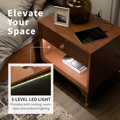 Furniture of America Forma Modern Solid Wood 4-Piece Bedroom Set with Storage Bed with LED Lights, Ball-Bearing Glide on Nightstand and Dresser with Mirror, No Box Spring Needed, King, Walnut