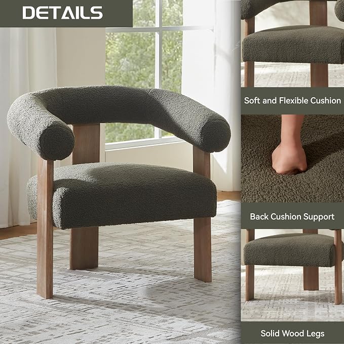VKNOW Accent Chair Living Room Chair, Modern Upholstered Arm Chair with Solid Wood Legs, Comfy Barrel Accent Chair for Living Room, Bedroom, Green