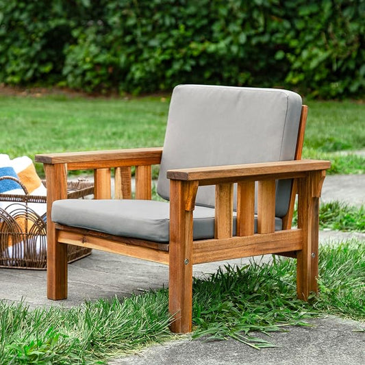 Martha Stewart Kids Outdoor Chair: Natural Acacia Wood Chair for Kids w/Gray Polyester Cushions, 10" Seat Height | Montessori Furniture for Backyard, Patio, and Outdoor Play & Learning Environments