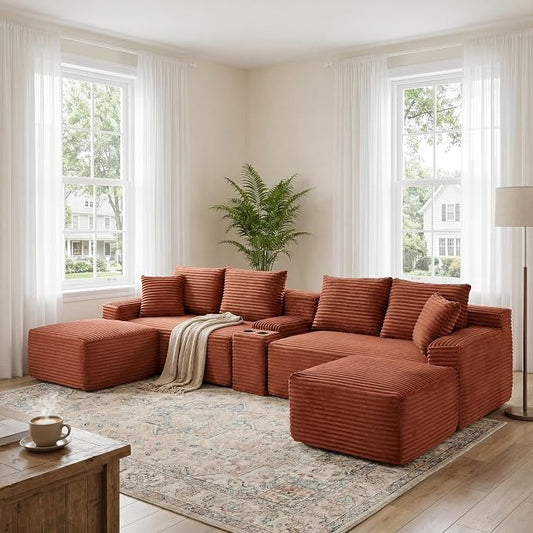 127" U-Shaped Cloud Sectional Couch Oversized Modular Compressed Boneless Sectional Sofa with Ottoman Chaise Lounges & Console, Plush Corduroy Boneless Symmetrical Sofa