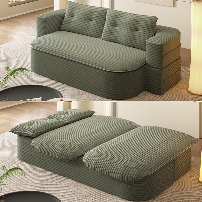 78.7" Futon Sofa Bed, 2-in-1 Foldable Sleeper Sofa, Convertible Floor Couch with Pillows, Corduroy Couch, Multi Functional Blanket, Upholstered Boneless Couches for Living Room, Forest Green